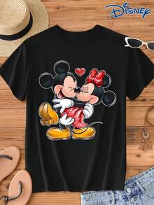 Disney 1 Áo thun nam tay ngắn in hình hoạt hình chuột Mickey và Minnie, cổ tròn, co giãn, thích hợp mặc hàng ngày, chất liệu dễ bảo quản, áo thun nam thời trang thường ngày, áo thun tay ngắn - màu đen - Xem 1
