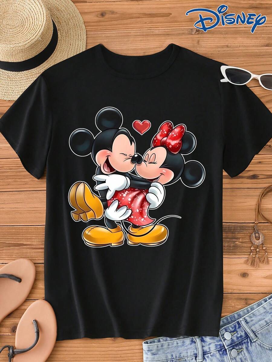 Disney 1 Áo thun nam tay ngắn in hình hoạt hình chuột Mickey và Minnie, cổ tròn, co giãn, thích hợp mặc hàng ngày, chất liệu dễ bảo quản, áo thun nam thời trang thường ngày, áo thun tay ngắn - màu đen - Xem 1