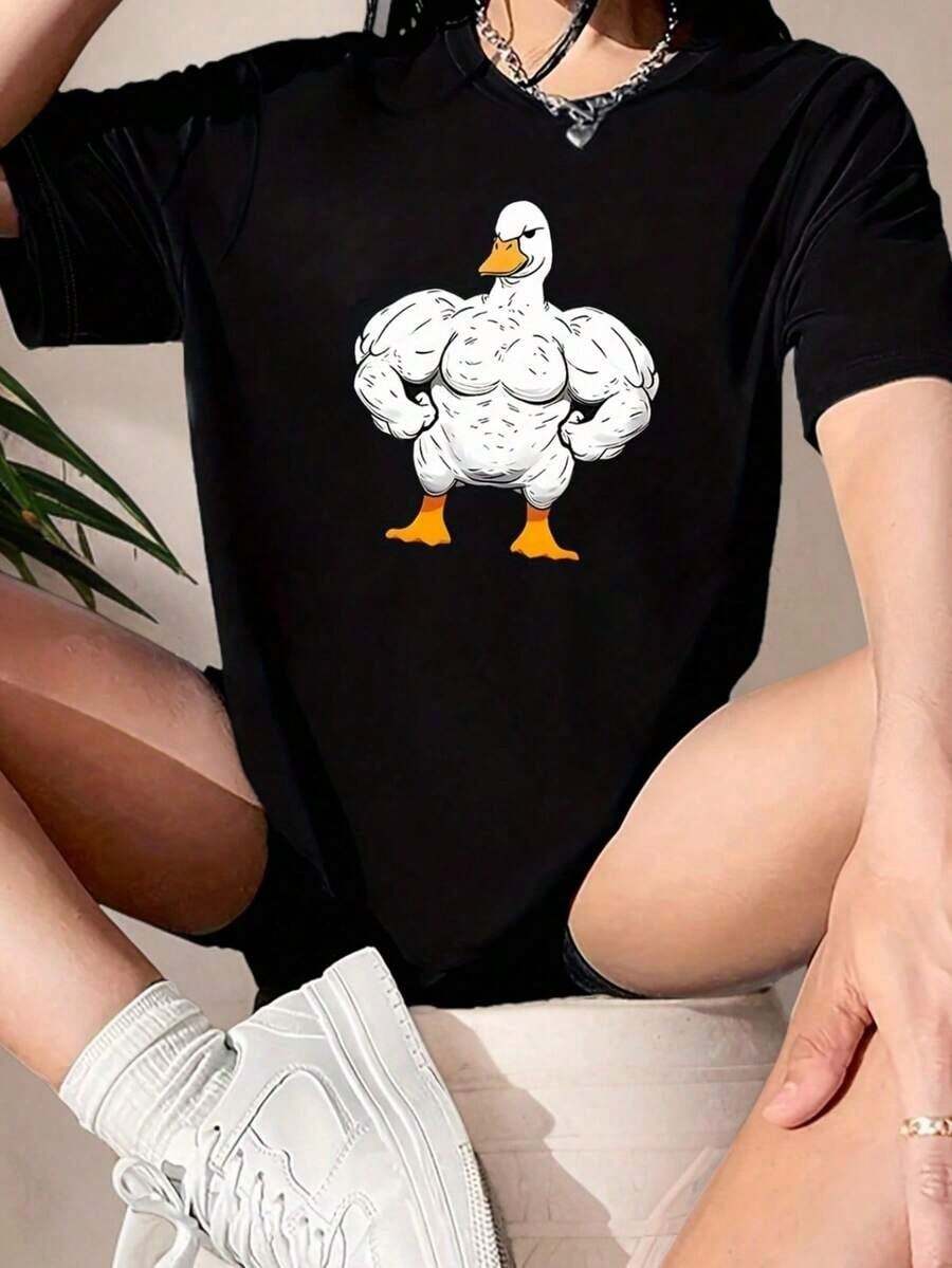 100% cotton Camiseta de moda para mujer con estampado de pato, corte holgado casual, manga corta y cuello redondo, ideal para primavera y verano - Negro - Ver 1