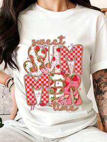Women's Black T-Shirt With Strawberry And Plaid Design, Casual Summer Style, Fashion Top, Cute Graphic Tee - 白色 - 查看 1