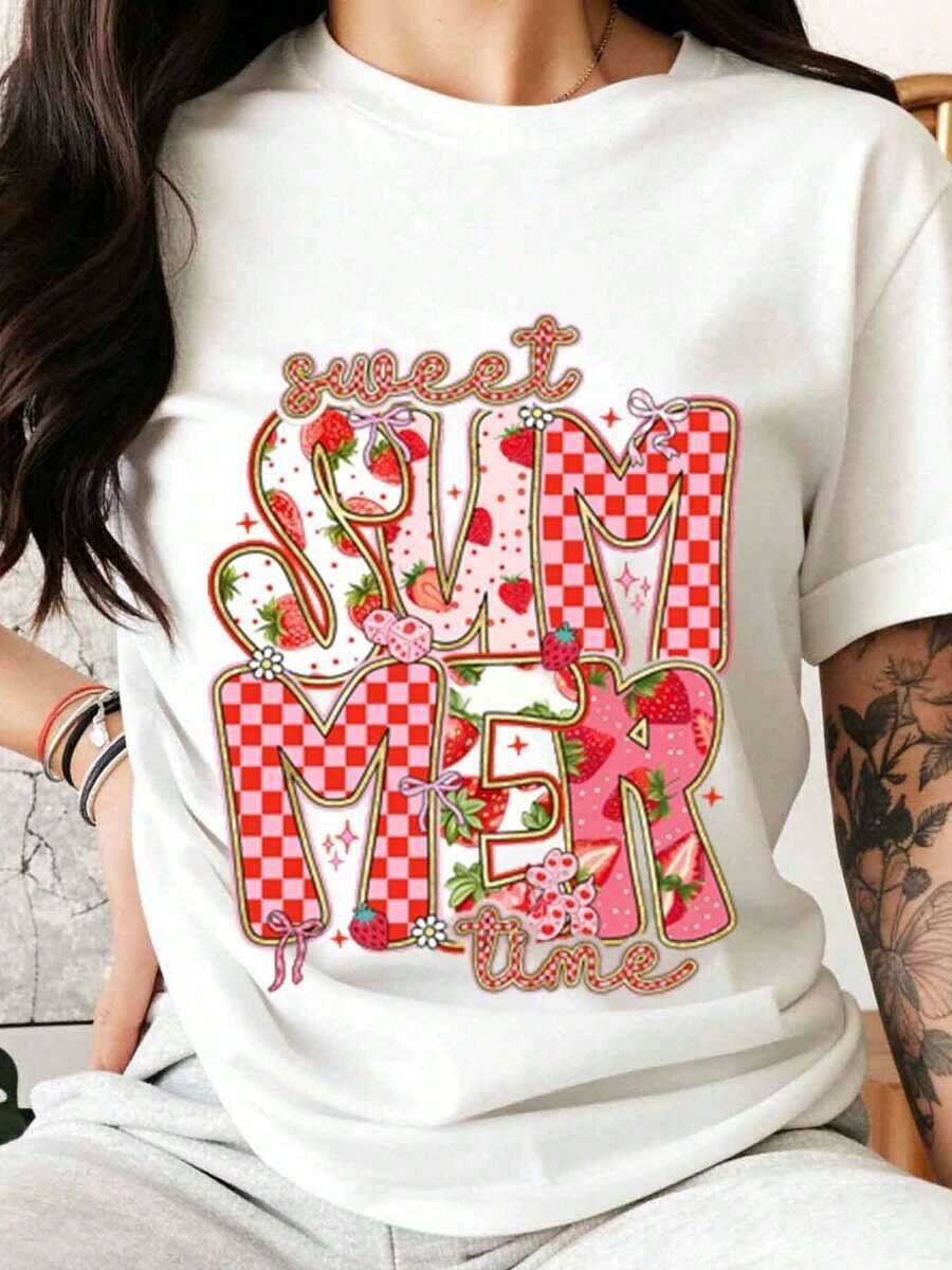 Women's Black T-Shirt With Strawberry And Plaid Design, Casual Summer Style, Fashion Top, Cute Graphic Tee - 白色 - 查看 1
