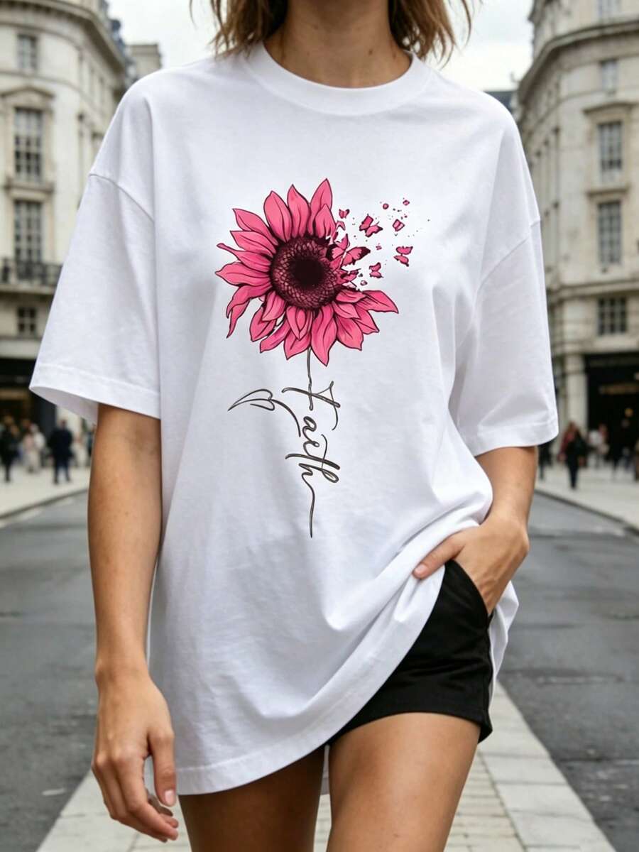 Women's Plus Size Soft Casual Crew Neck Short Sleeve T-Shirt With Sunflower And Butterfly Print, Graphic Tees, Going Out Tops, Cotton, Vintage Style, European And American Street Style, Sporty Casual, Unisex Style, Urban Casual Style, Cute T-Shirts. - 白色 - 查看 1