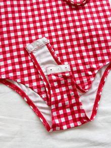 Body de mujer con volantes y lazo delantero, estampado de cuadros y cerezas para vacaciones - Multicolor - Ver 6
