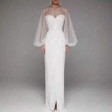 Sensual Spring-Summer Maxi Dress, Strappy And Pearl Design, Long Sleeve For Special Occasions - 白色 - 查看 1