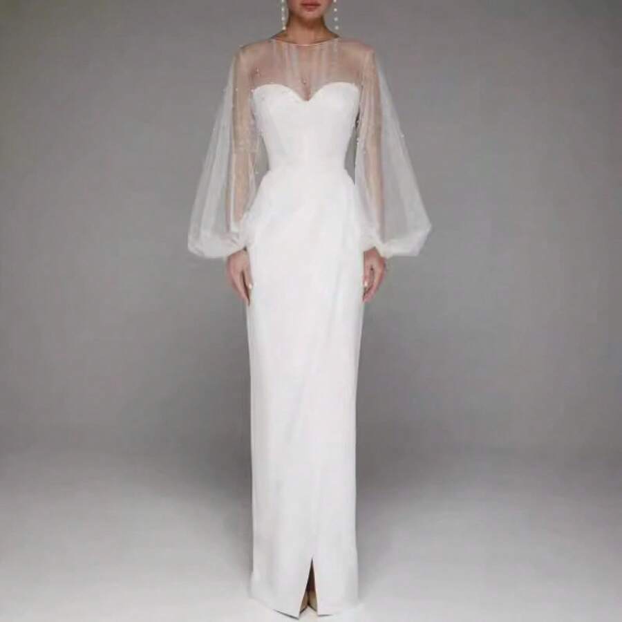 Sensual Spring-Summer Maxi Dress, Strappy And Pearl Design, Long Sleeve For Special Occasions - 白色 - 查看 1