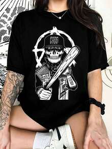 Punk Anarchy Skull Baseball Bat Graphic T-Shirt, Tee For Streetwear Fans - Black - View 6