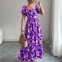 Elenzya Floral Print Waist Defined Puff Sleeve Square Neck Women Dress - Amarillo - Ver 9