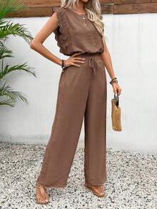 Conjunto de 2 piezas de blusa con ribete de encaje de unicolor y pantalones de pierna ancha para mujer, casual para vacaciones y viajes, primavera/verano - Café integral - Ver 4