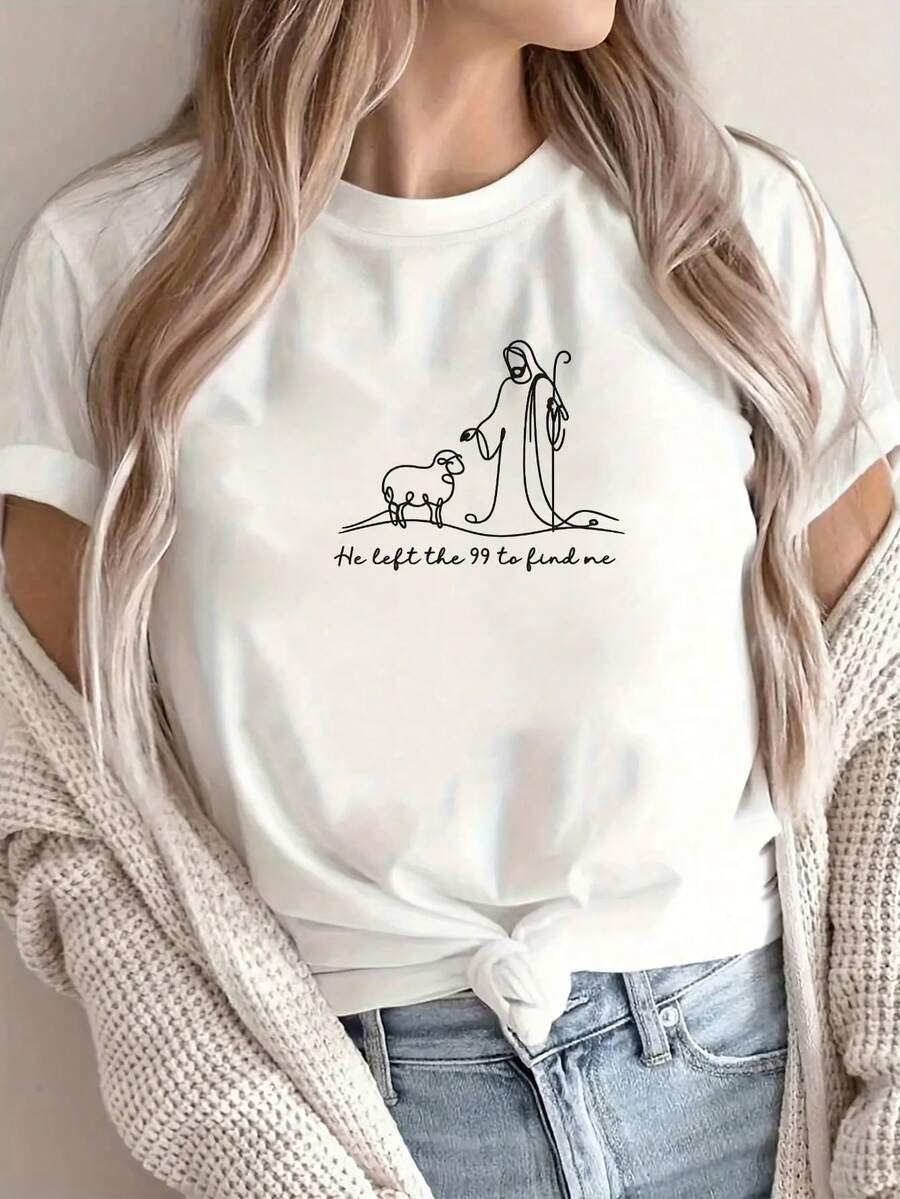 Women's Christian Easter T-Shirt - He Is Risen & Lamb Religious Graphic, Light Beige Breathable Short Sleeve Crew Neck T-Shirt, Relaxed Fit Machine Washable, Easter Church Clothing, Women's Casual Everyday Christian Clothing - 白色 - 查看 1