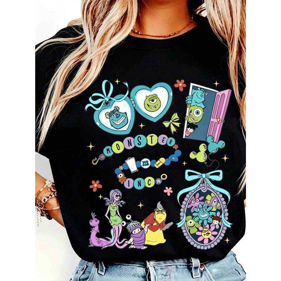 Camiseta gráfica Monster Company para mujer - Sulley & Mike Wazowski Camiseta informal de manga corta con dibujos animados de verano - Negro - Ver 1