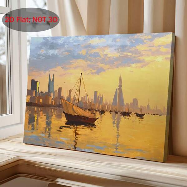 2D Flat, 2D Flat, 1pc 2D Flaanvas Artwork Featuring The Skyline Of Bahrain, Showcasing A Sunseityscape With A Dhow Boat In A Golden Harbor. This Decorat Wall Art Is Perfect For Encing The Ambiance Of Any Room, Including Bedrooms