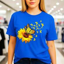 Women's Cotton T-Shirt With Sunflower And Butterfly Print, Round Neck, Short Sleeve, Casual Style, Loose Fit, Basic T-Shirt,  Summer Graphic T-Shirt, Soft And Comfortable Casual Wear, Nature-Inspired Design, Suitable For Spring, Summer And Autumn. - 藍色 - 查看 7