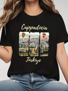 Women's Cappadocia, Türkiye Travel T-Shirt, Casual Crew Neck, For Travel Log, Cultural Experience Season - 黑色 - 查看 1