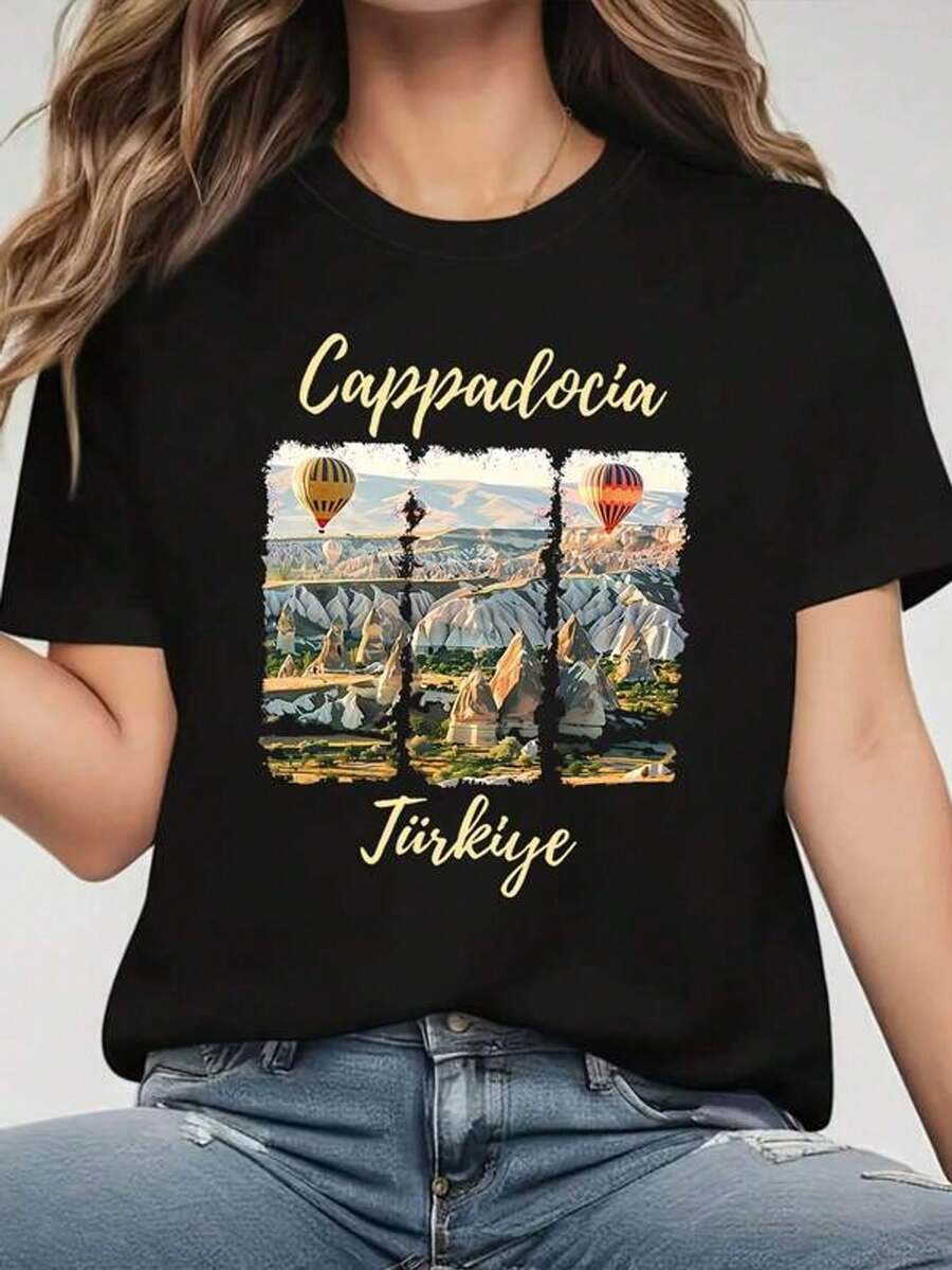 Women's Cappadocia, Türkiye Travel T-Shirt, Casual Crew Neck, For Travel Log, Cultural Experience Season - 黑色 - 查看 1