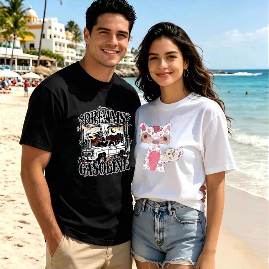 2-Piece Couple Matching Pattern T-Shirt, 100% Cotton, Loose Fit, Soft And Breathable, Casual Round Neck Short Sleeved Top Dreams Gasoline Truck Cat Pattern Versatile Patterns No Picky Combinations Coordinated Dating Casual Travel Simple And Cartoonish Printing Styles High Cost-Effectiveness Couple - 黑色 - 查看 1