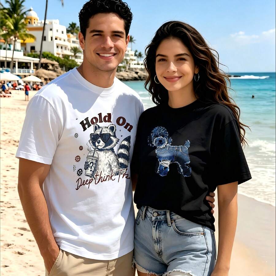 2-Piece Couple Matching Pattern T-Shirt, 100% Cotton, Loose Fit, Soft And Breathable, Casual Round Neck Short Sleeved Top Viva Mexico Viva Black Gubam Versatile Patterns No Picky Combinations Coordinated Dating Casual Travel Simple And Cartoonish Printing Styles High Cost-Effectiveness Couple Lovers - 白色 - 查看 1
