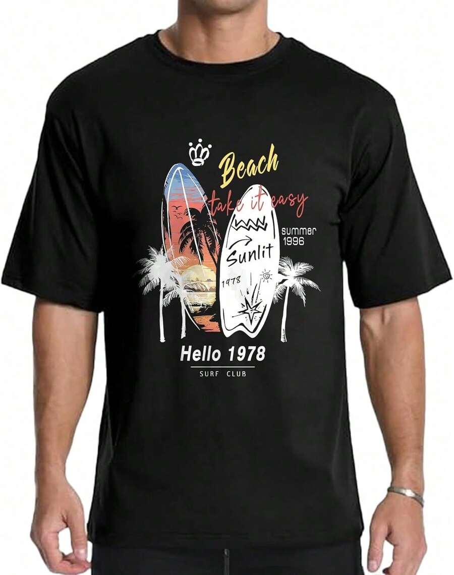 Camisetas Gráficas para Hombre, Manga Corta, Estampado de Surf, Cuello Redondo, Algodón, Casual, Camisetas WAVERIDER para Hombre FTIN - Negro - Ver 1