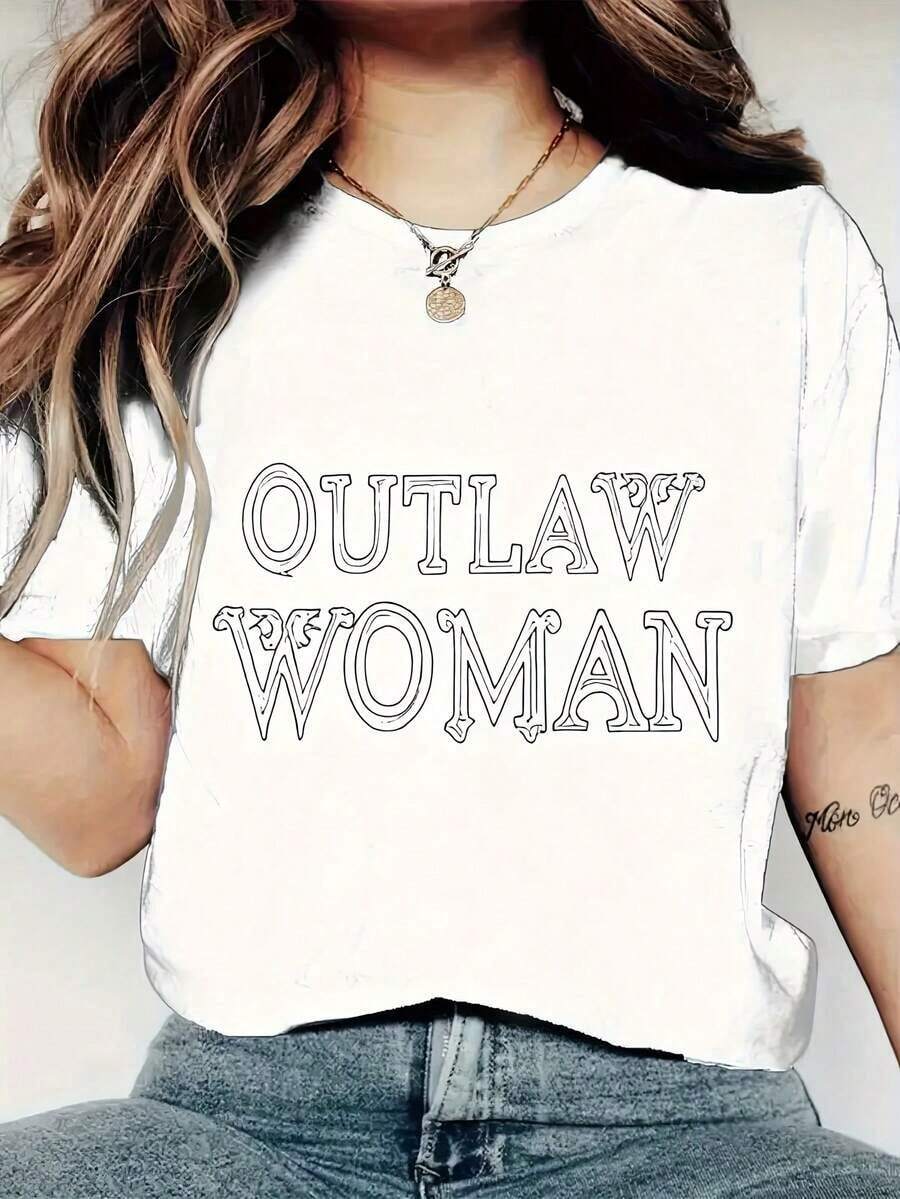 Camiseta gráfica "Outlaw Woman" para mujer de SummerWomen - Cuello redondo casual, manga corta para primavera y verano, blanca con estampado negro audaz, atuendo casual. Camiseta con estampado audaz, ajuste cómodo, camisetas para damas. Camiseta de manga corta para mujer, a la moda y versátil, estilo básico para uso interior y exterior.