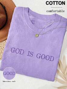 Estilo Y2K, estilo de moda, lo más nuevo de 2026, estilo lindo, estilo casual, blusas para mujer>ropa. Camisa cómoda de color con bordado "Dios es bueno", fe cristiana sencilla, camisa de fe, camiseta de fe, camisa de grupo de la iglesia, camiseta de cuello redondo bordada para mujer180g(S-XXXL) - Morado Violeta 2 - Ver 5