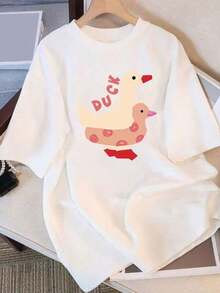 New Summer 2026 Pure Cotton T-Shirt, Women's Short Sleeve T-Shirt With Unique Design Print, Slimming Half Sleeve Loose Top For Students, Casual Printed Top, Versatile And Comfortable For Women, Suitable For Spring, Summer And Autumn. - 白色 - 查看 5