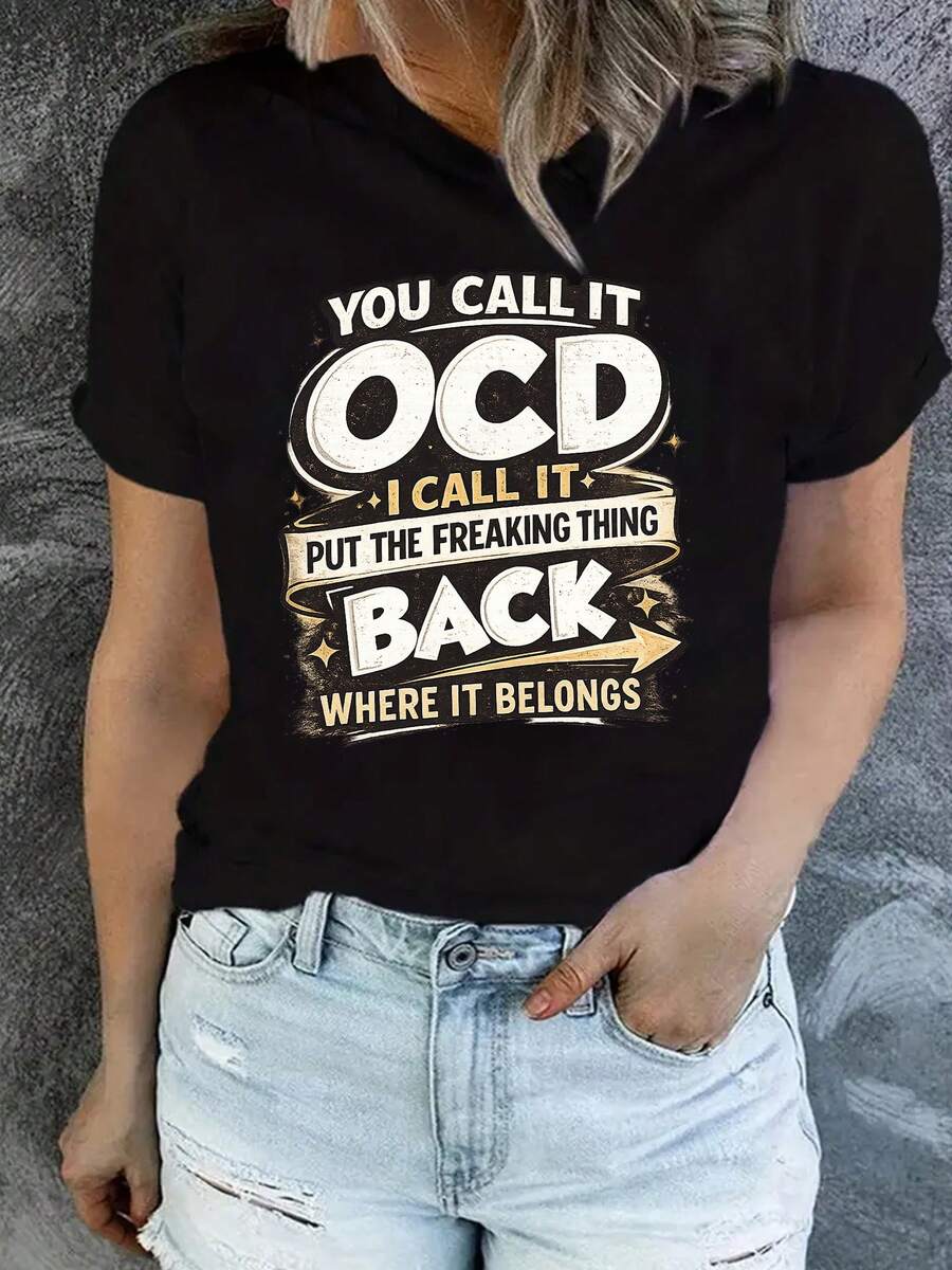 Camiseta de Verano Premium Estampada para Mujer, Camiseta Deportiva Casual, Camiseta de Algodón de Manga Corta con Estampado de Dibujos Animados Vintage para Mujeres con Trastorno Obsesivo-Compulsivo (TOC), Camiseta Casual/Vacacional/Exterior para Primavera/Verano, Almacén Local, Casual Elegante - Negro - Ver 1