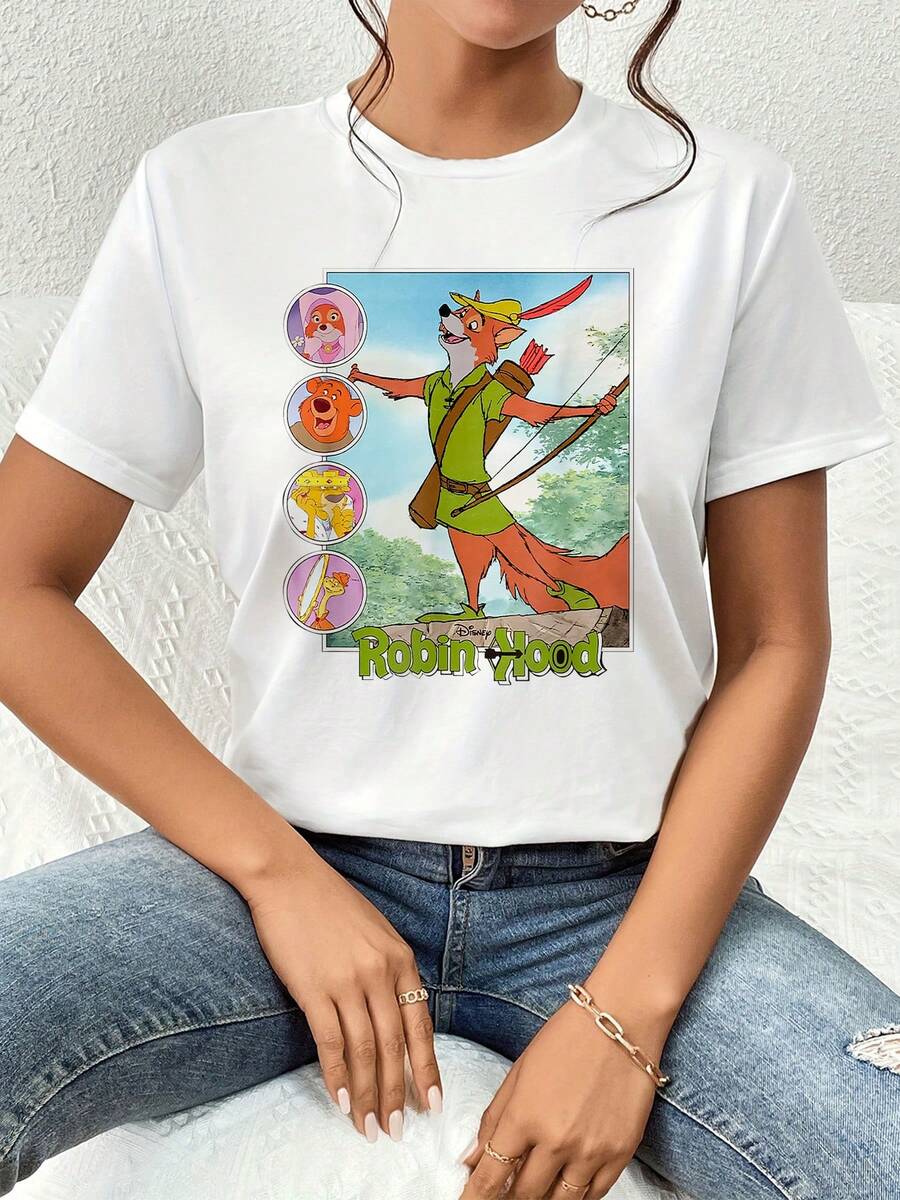 Gráfico que muestra un zorro valiente con arco y flechas simbolizando justicia libertad y amistad con personajes alegres y fondo de bosque verde camiseta de mujer cómoda casual ideal para uso diario - Blanco - Ver 1