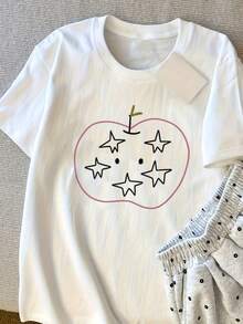 Camiseta de manga corta para mujer con estampado de estrellas y manzanas, estilo retro americano, de algodón puro, transpirable, de corte ajustado para verano - Camiseta unisex de algodón holgada de manga corta y cuello redondo, estilo vintage urbano para mujer. blusas.blusas casuales para dama. - Blanco - Ver 1