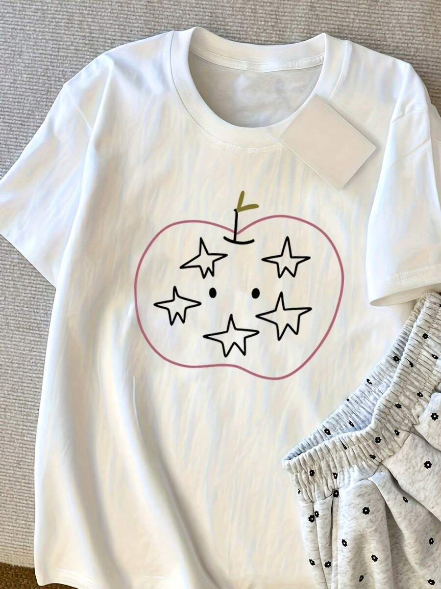 Camiseta de manga corta para mujer con estampado de estrellas y manzanas, estilo retro americano, de algodón puro, transpirable, de corte ajustado para verano - Camiseta unisex de algodón holgada de manga corta y cuello redondo, estilo vintage urbano para mujer. blusas.blusas casuales para dama. - Blanco - Ver 1