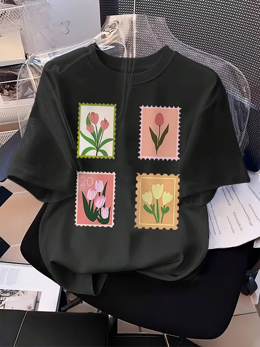 Camiseta unisex de manga corta y cuello redondo de algodón holgado, estilo vintage urbano, con estampado de tulipanes de cuatro cuadrados, para mujer. blusas.blusas casuales para dama. - Negro - Ver 1