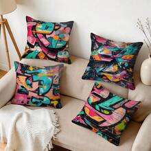 Set de 4 fundas de cojín con estampado abstracto de graffiti, impresas por un solo lado, adecuadas para la sala de estar, el dormitorio, la decoración del hogar, todo el año - Multicolor - Ver 10