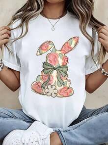 Modern And Minimalist Women's T-Shirt With Rabbit Print And Floral Design For Spring And Easter, Casual Everyday Wear - Putih - View 1