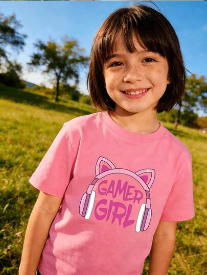 100%コットン製の女の子用半袖Tシャツ、ラウンドネックのカジュアルトップス、おしゃれな女の子向けプリント入りトップス。