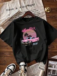 Camiseta con Coche Clásico Rosa y Palmeras al Atardecer,Camiseta de manga corta de moda para primavera y verano de 2026, hecha en México, 180 gramos. Estampado de dibujos animados, modelo de pareja, apta para uso interior o exterior. Cuello redondo, unisex, ideal para oficina y ocio. Paquete de una pieza. - BK-P631577SLNDXZGY502 - Ver 4