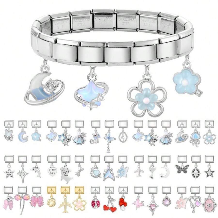 1/5/10/20/30/50pcs Random Mixed Steel Color Modular Pendant, Butterfly, Moon, Heart Shaped Detachable Bracelet Accessories - Multicolor - View 1