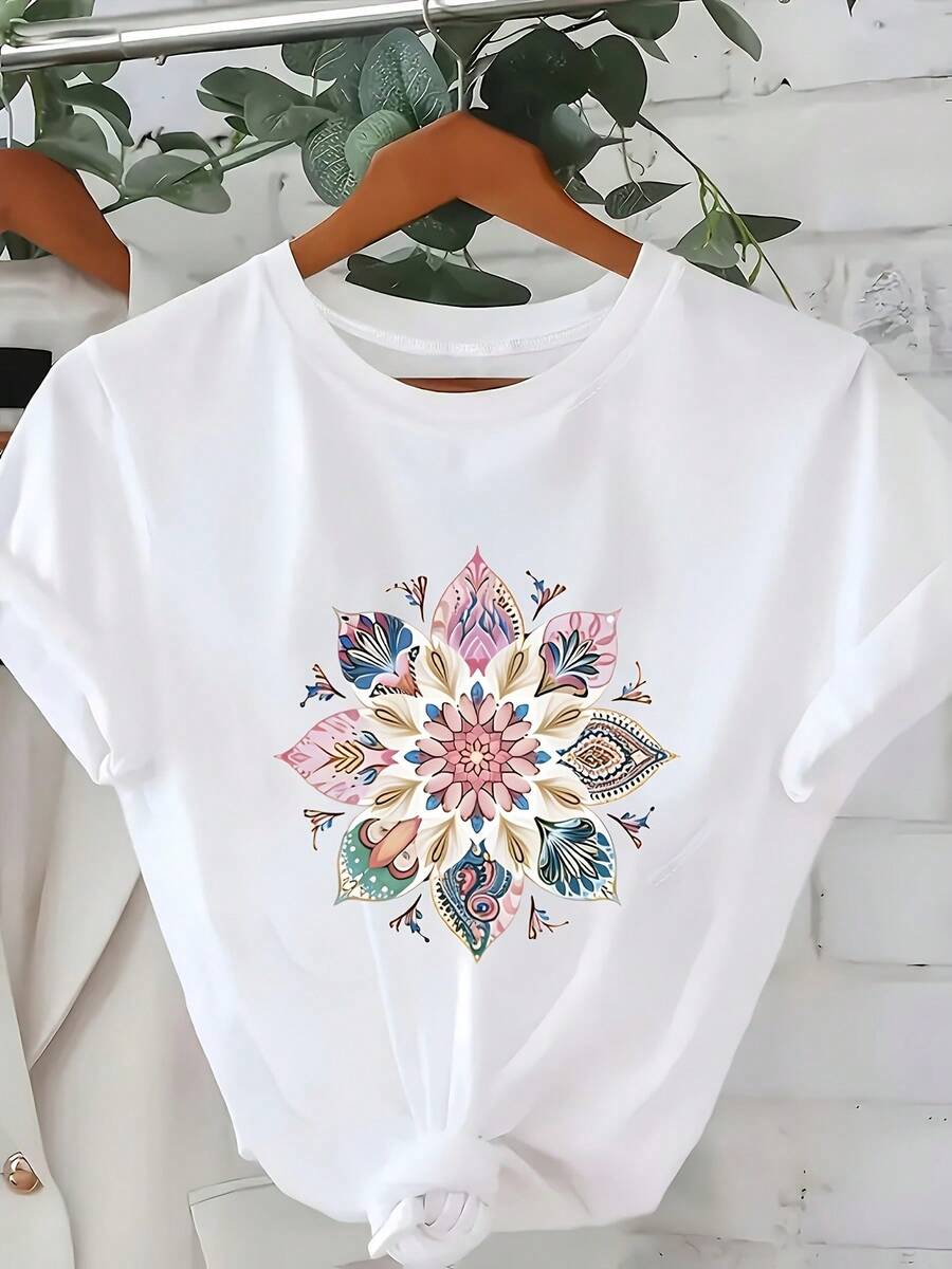Camiseta elegante de manga corta para mujer con estampado de mandalas y cuello redondo, adecuada para primavera, verano y otoño. Es una prenda moderna, versátil, casual, elegante y de estilo vintage, ideal para el uso diario y las vacaciones. Lavable a máquina, esta camiseta de manga corta es adecuada para todas las estaciones. - Blanco - Ver 1