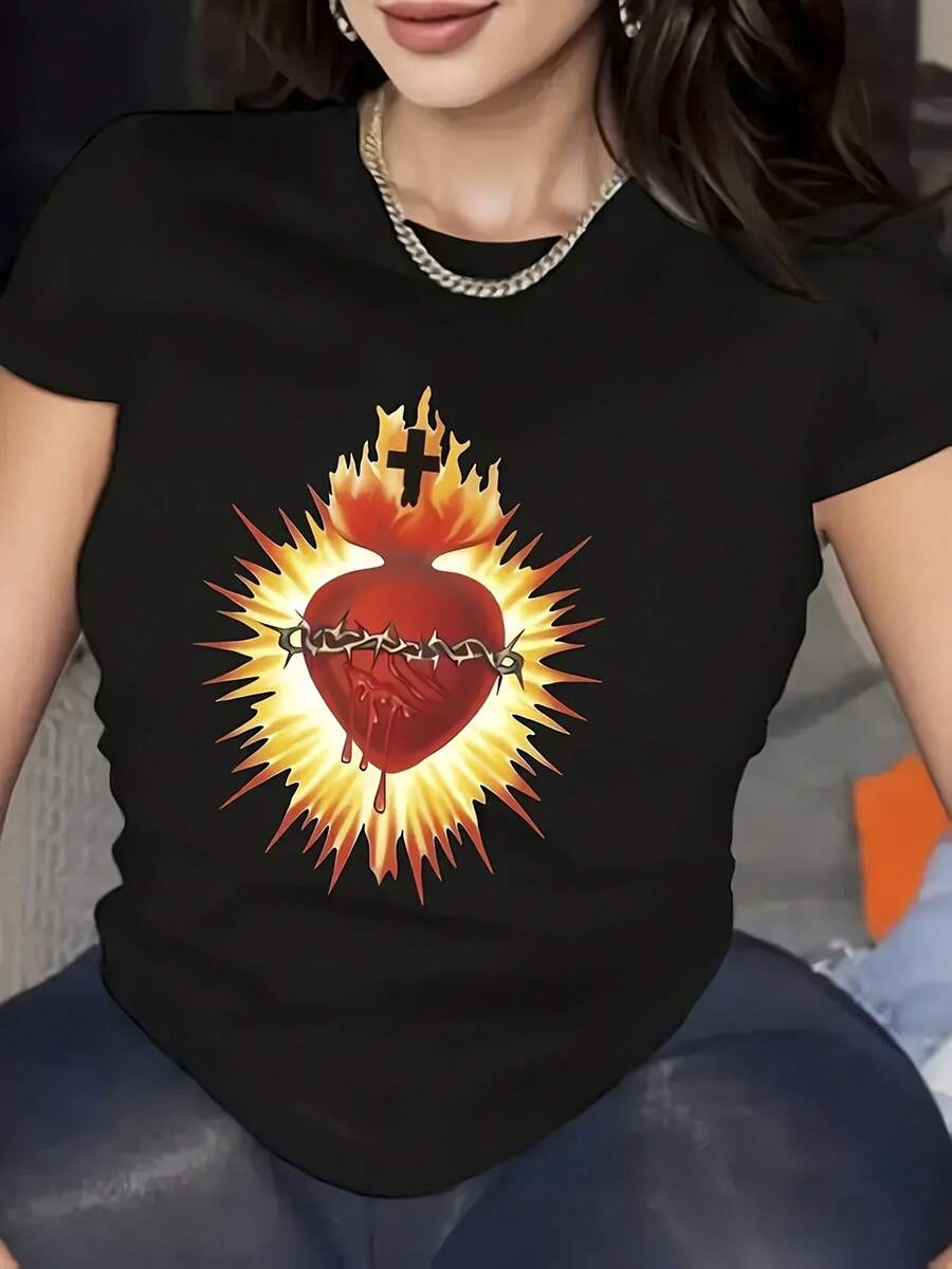 Women's 100% Cotton T-Shirt With Flaming Heart And Cross Print, Black With Orange And Red Graphic, Loose Fit, Round Neck, Short Sleeve, Lightweight, Breathable, Casual And Elegant, Ideal For Summer, Casual Wear, Vacation, Etc. - 黑色 - 查看 1