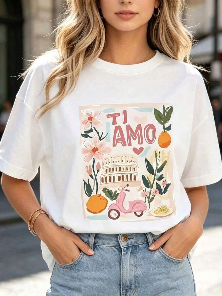 Women's Casual Short Sleeve T-Shirt - Italian Style With TI AMO Print, Pink Scooter, Floral And Fruity, White, 100% Cotton, Durable - 白色 - 查看 1
