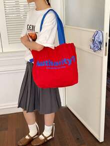 Tas Kanvas Bahu Serut Kapasitas Besar Model Baru 2025, Tas Tote Nilon dengan Motif Huruf Jepang, untuk Perjalanan Sehari-hari - Merah - View 6