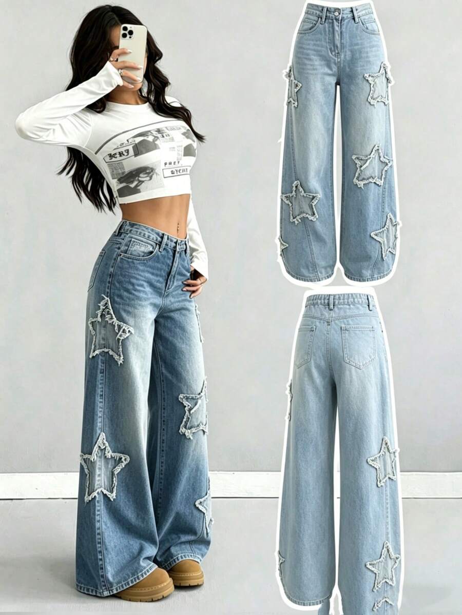 Loose-Fitting Blue Denim Jeans With Star Patch Design And Fringe For Teens, Casual And Vintage Y2K Style Clothing For Back To School, College And Everyday Wear, As Well As Rave Outfits, Festivals And Streetwear For Teens In Winter And Autumn - 藍色 - 查看 1