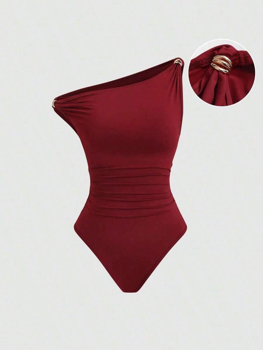 Body de mujer con decoración metálica y drapeado en unicolor - Burdeos - Ver 1