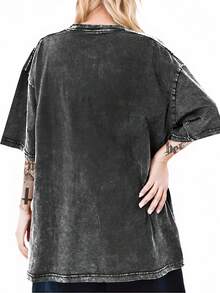 Talla Grande - Diseño Original - Camiseta de Mujer de Algodón Lavado Puro con Acabado Artesanal - Camiseta Retro Desgastada de Manga Corta - Negro - Ver 7