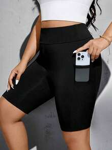 Pantalones cortos de motocicleta negros básicos, versátiles y cómodos con bolsillos para mujer de talla grande, de moda casual y deportiva para primavera y verano, ropa de calle, shorts curvilíneos, ropa para salir, ropa Y2K, joggers, shorts ci - Negro - Ver 7