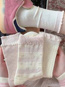 5 Pairs Cute Ruffle Trim Knee High Socks For Women, Soft & Comfortable, Student Style, Suitable For All Seasons In Pink & White - Multicolor - View 2