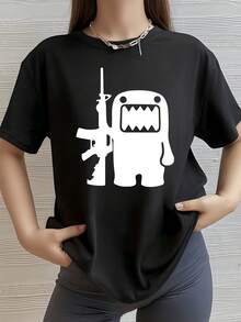 Large Figure Of A Funny Creature Holding An Object That Symbolizes Strength And Courage With A Geometric Smile Representing Modern Energy. Comfortable Casual Women's T-Shirt For Everyday Wear - 黑色 - 查看 8