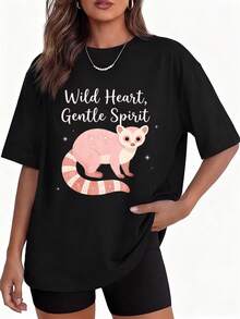 Women's 100% Cotton Black T-Shirt With An Adorable Animal Print, Featuring The Words "Wild Heart, Gentle Soul" And A Pink Ferret Design. It's A Great Choice For Casual Wear In Spring And Summer, And An Ideal Gift For Animal Lovers And Fashion Enthusiasts - Everyday Tees - 黑色 - 查看 11