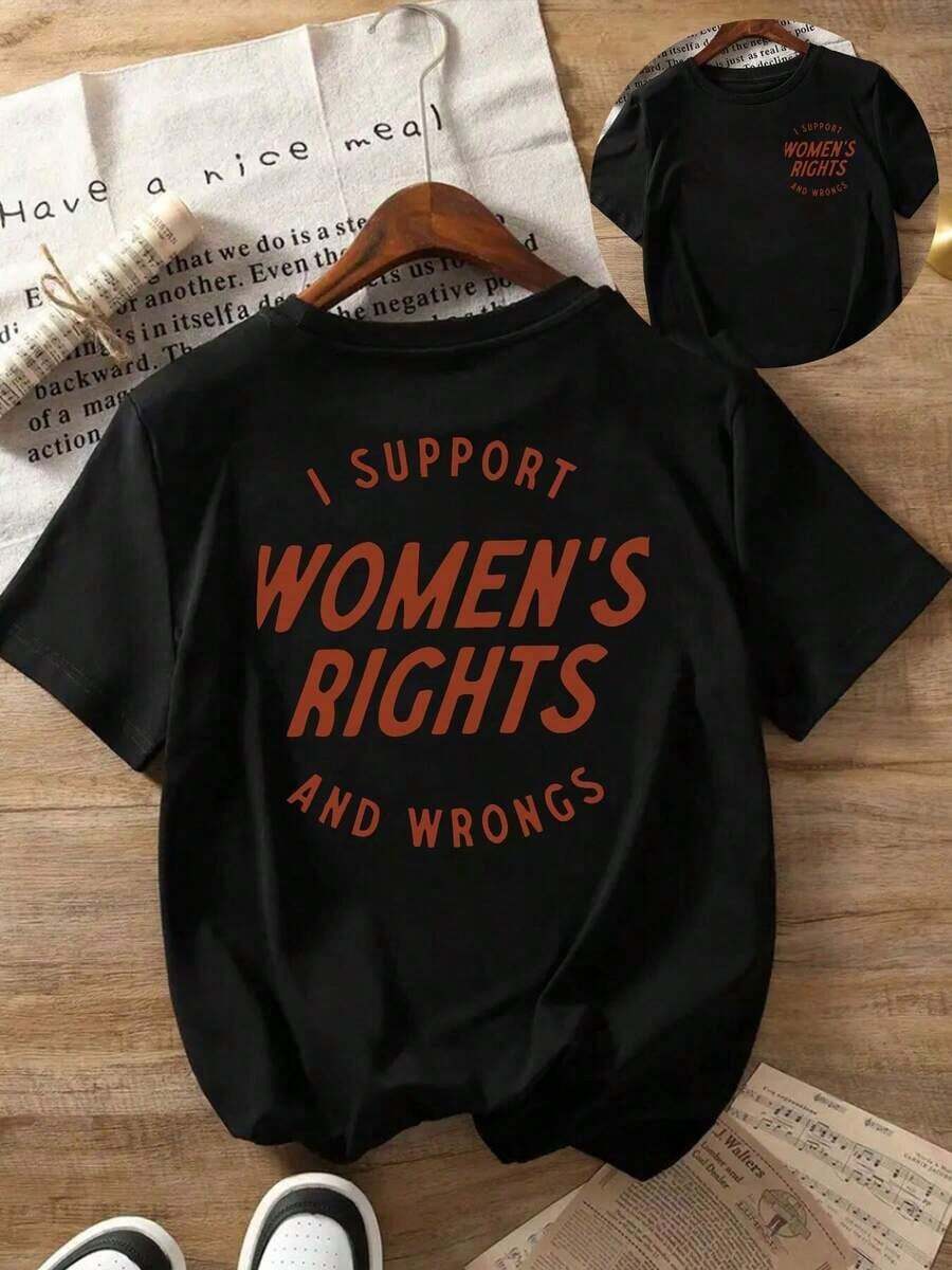 Camiseta Deportiva Casual para Mujer - Estampado "Apoyo los Derechos y los Malos Derechos de las Mujeres", Cuello Redondo, Manga Corta, Color Negro, Ropa Casual Cómoda, Diseño Clásico para Mujer | Corte relajado | Plus Size blusas para mujer camisa - Negro - Ver 1