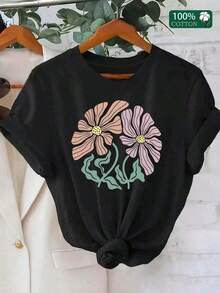 Soft 100% Cotton T-Shirt, 100% Pure Cotton, New Summer Style, 1 Piece, Women's Abstract Print Cotton T-Shirt, Lightweight, Breathable, Casual And  Style, Crew Neck, Pure Cotton T-Shirt For Women. | Casual Short-Sleeve Crew Neck T-Shirt | Abstract Floral Print | Ribbed Detail | Comfortable Fit For All Seasons | Machine Washable And Dry Cleanable | Multifunctional Casual Print Sweatshirt - Short-Sleeve T-Shirt For Everyday Summer Wear. Machine Washable. A Gift For Family, Siblings, Friends, Parents, Or Teachers. Breathable Cotton T-Shirt, Goes With Everything. - 黑色 - 查看 3