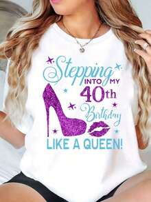 Women's Crew Neck T-Shirt With Sparkly High Heel And "40th Birthday Queen" Print, Casual Celebration Top - 白色 - 查看 1