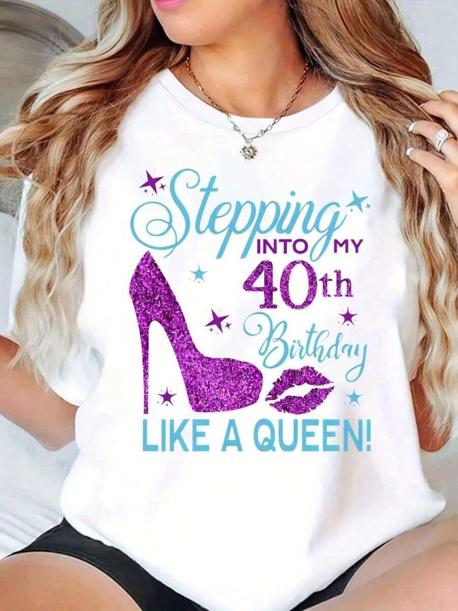 Women's Crew Neck T-Shirt With Sparkly High Heel And "40th Birthday Queen" Print, Casual Celebration Top - 白色 - 查看 1