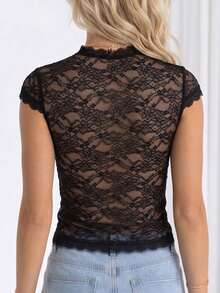 Chaqueta de cuello V con llavero para mujeres camisetas de encaje delgadas de moda de manga corta en verano - Negro - Ver 7